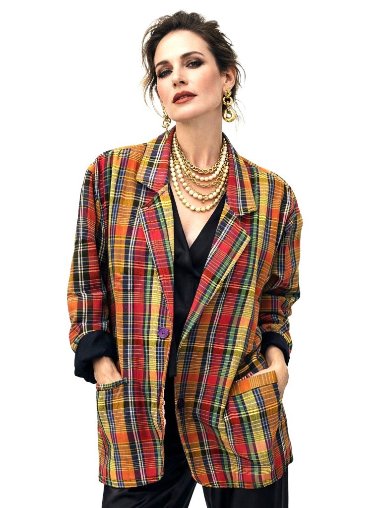 Vintage Colorful Plaid Pinky Womens Oversized Blazer Jacket M Made 100% Cotton